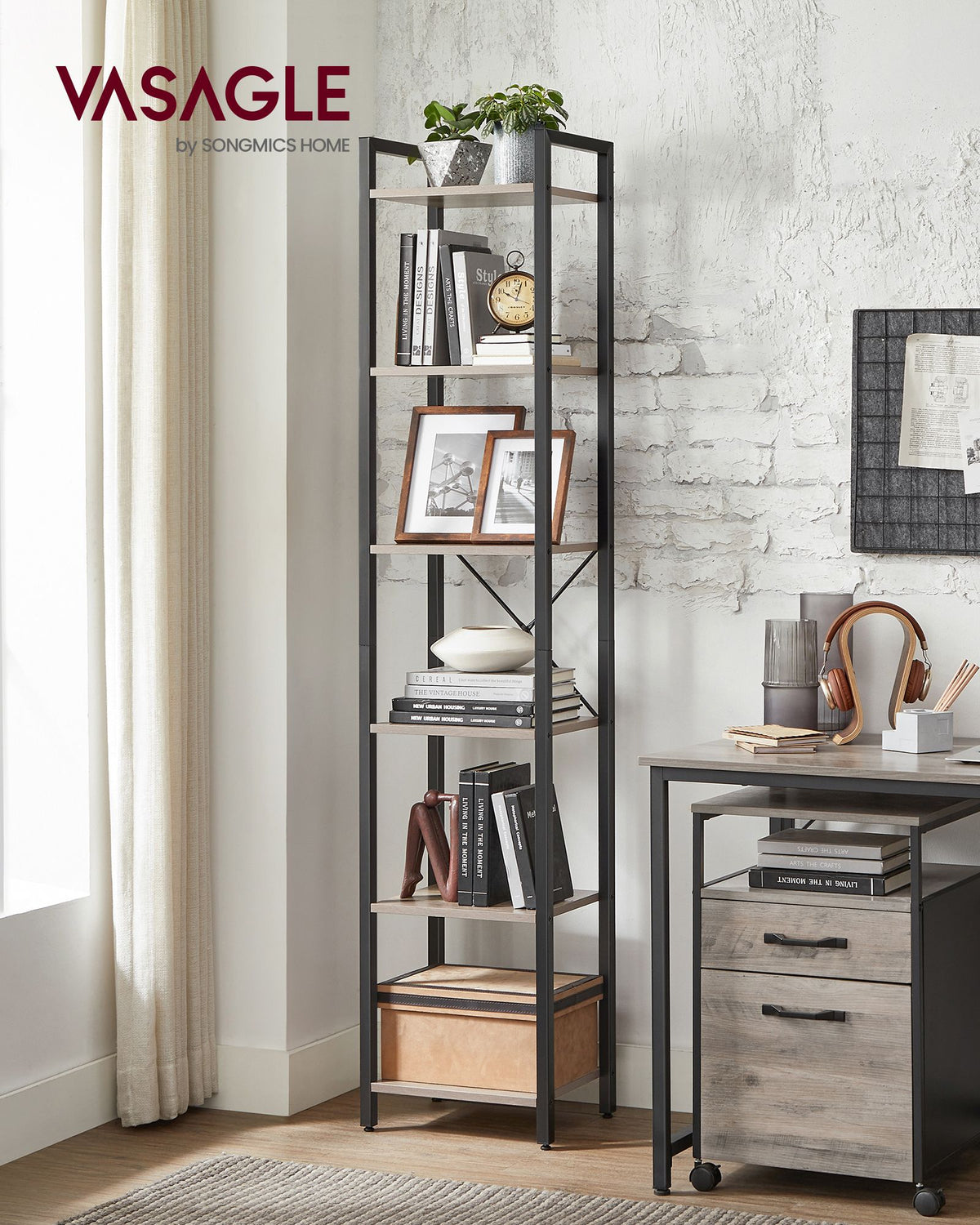 Bücherregal Industriedesign – 6 Ebenen – schmal 40 cm – schwarzer Metallrahmen mit Holzoptik – für Wohnzimmer & Büro