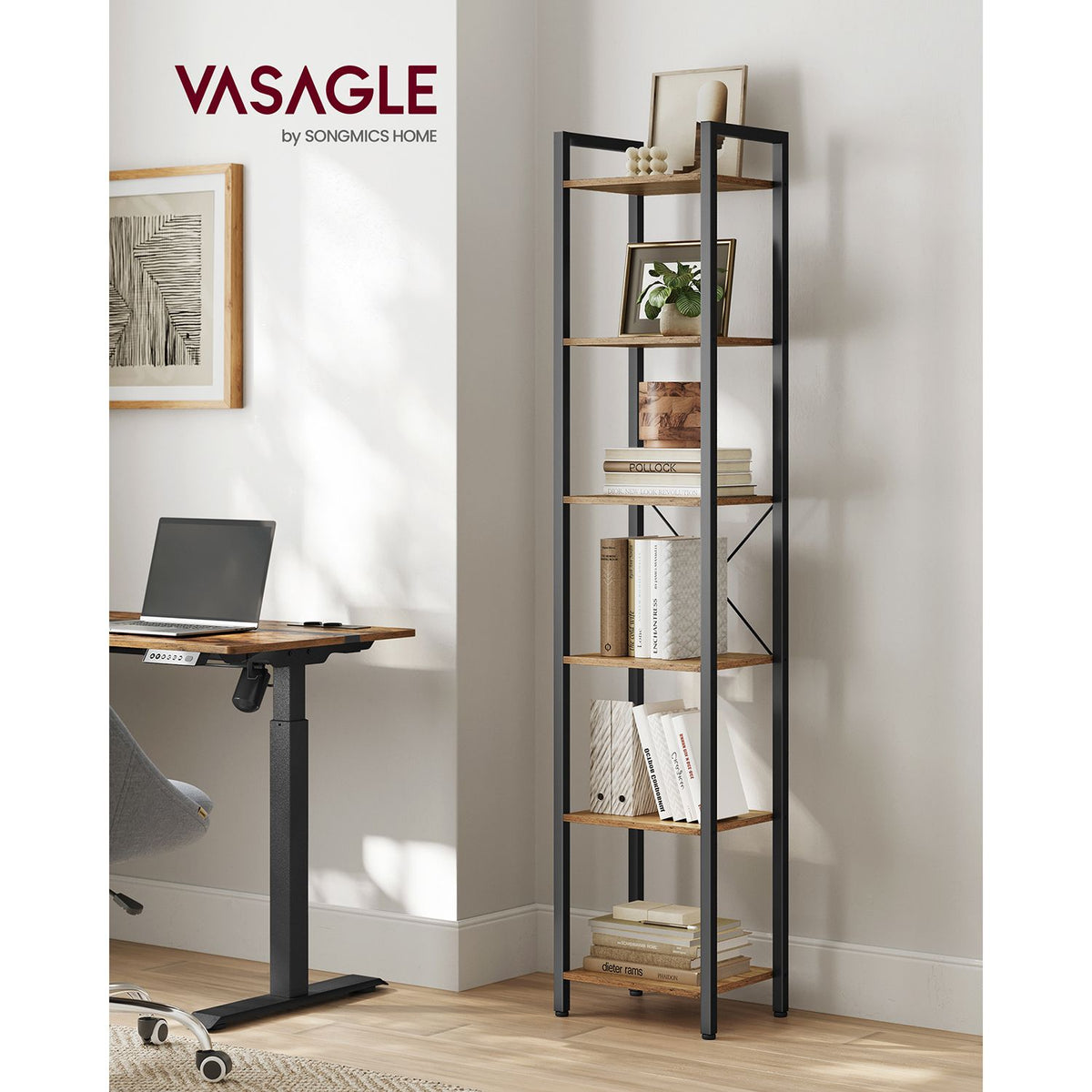 Bücherregal Industriedesign – 6 Ebenen – schmal 40 cm – schwarzer Metallrahmen mit Holzoptik – für Wohnzimmer & Büro
