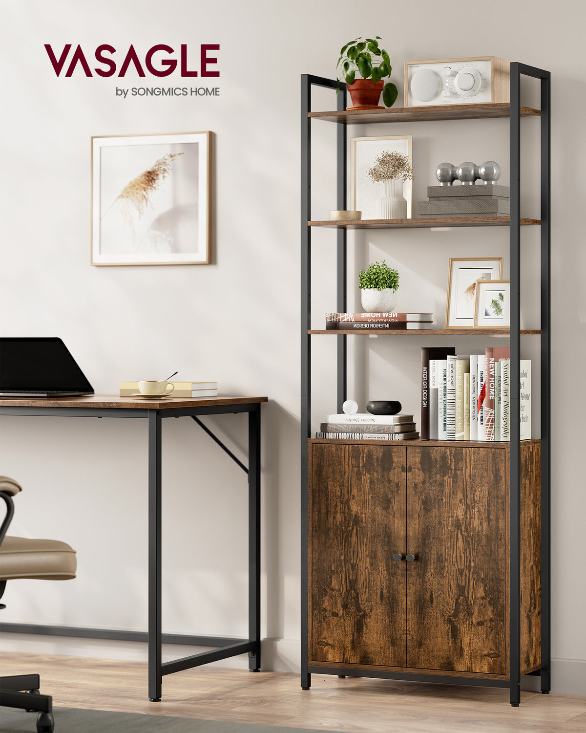 Bücherregal mit Türen und verstellbaren Einlegeböden – Stilvolles Aufbewahrungsmöbel im Industriestil für Wohnzimmer oder Büro