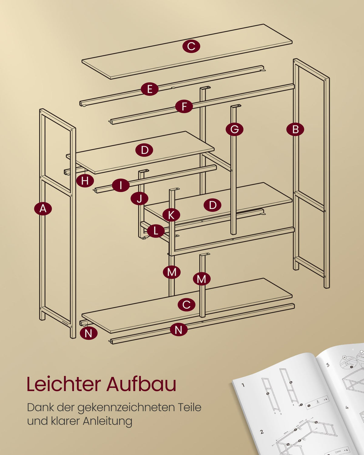 Kompaktes freistehendes Bücherregal mit 4 Ebenen – modern und vielseitig