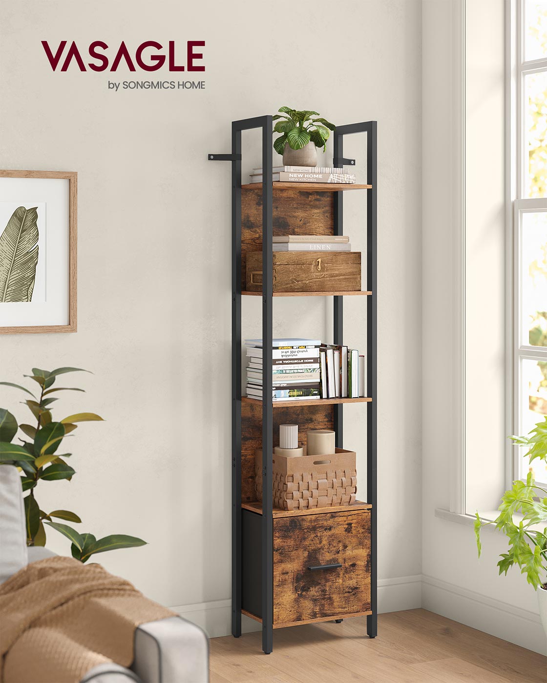 Bücherregal mit Schublade – Industrielles Leiterregal – Lagerschrank mit 5 Ebenen – 165 cm hoch