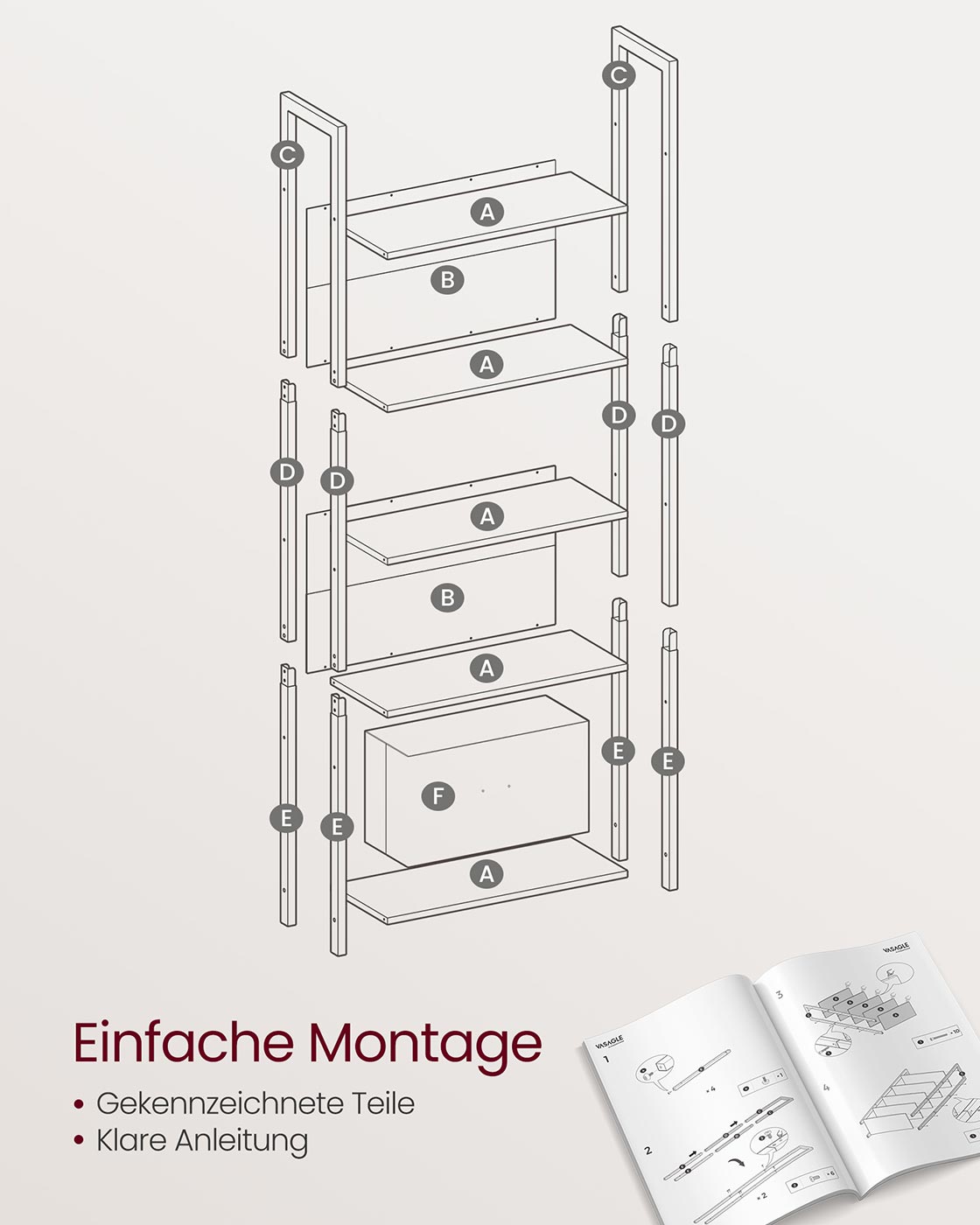 Bücherregal mit Schublade – Industrielles Leiterregal – Lagerschrank mit 5 Ebenen – 165 cm hoch