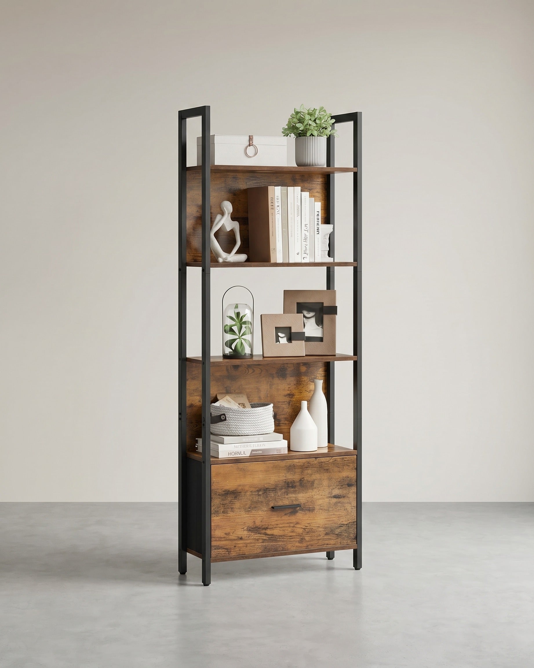 Bücherregal mit Schublade – Industrielles Leiterregal – Lagerschrank mit 5 Ebenen – 165 cm hoch – 40 cm