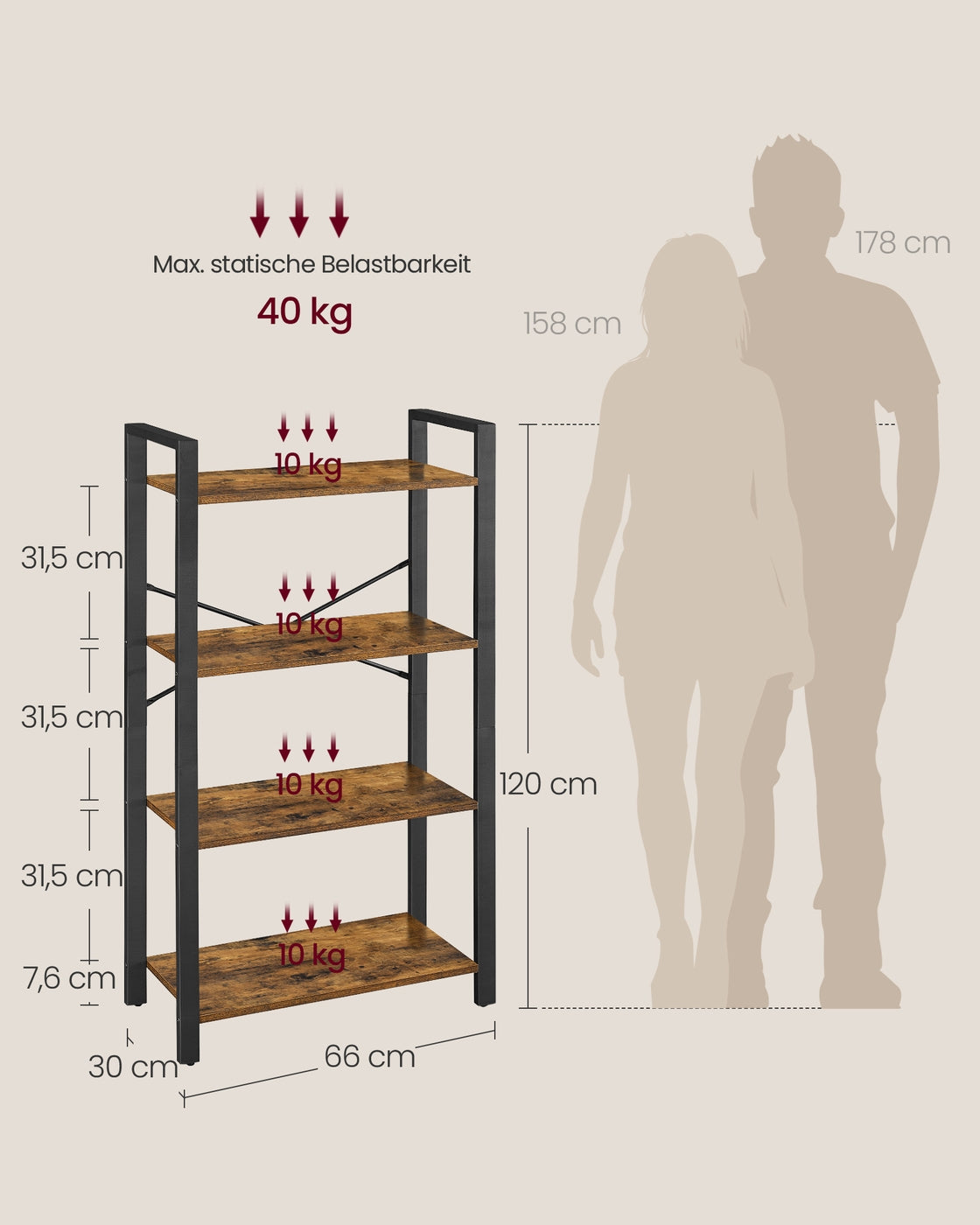 Bücherregal 4 Ebenen – Industrielles Aufbewahrungsregal – Offenes Wandregal 66 x 30 x 120 cm – ALINRU Kollektion