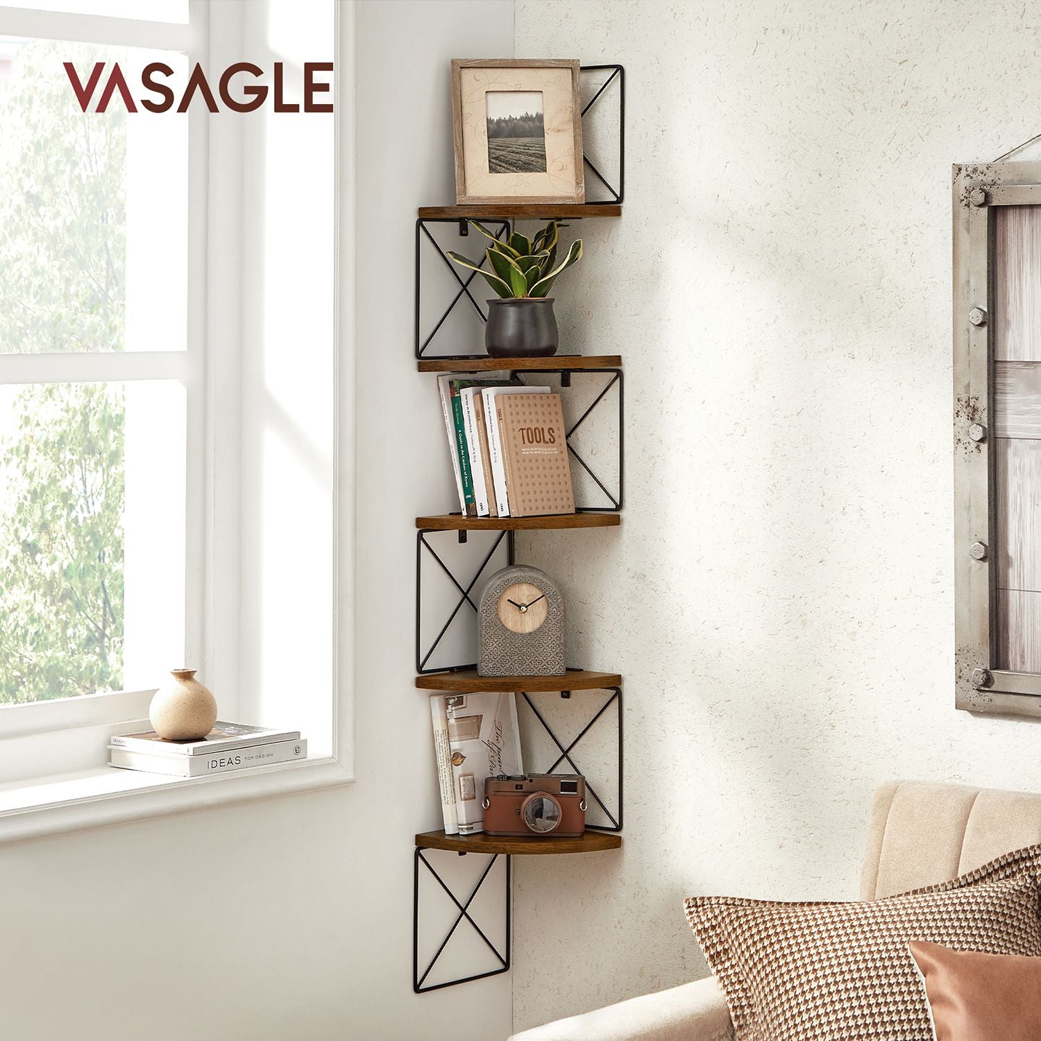 Eckregal zur Wandmontage – 5 Ebenen – Zickzack-Wandregal – 127,5 cm hoch – Rustikales Braun/Schwarz – platzsparend