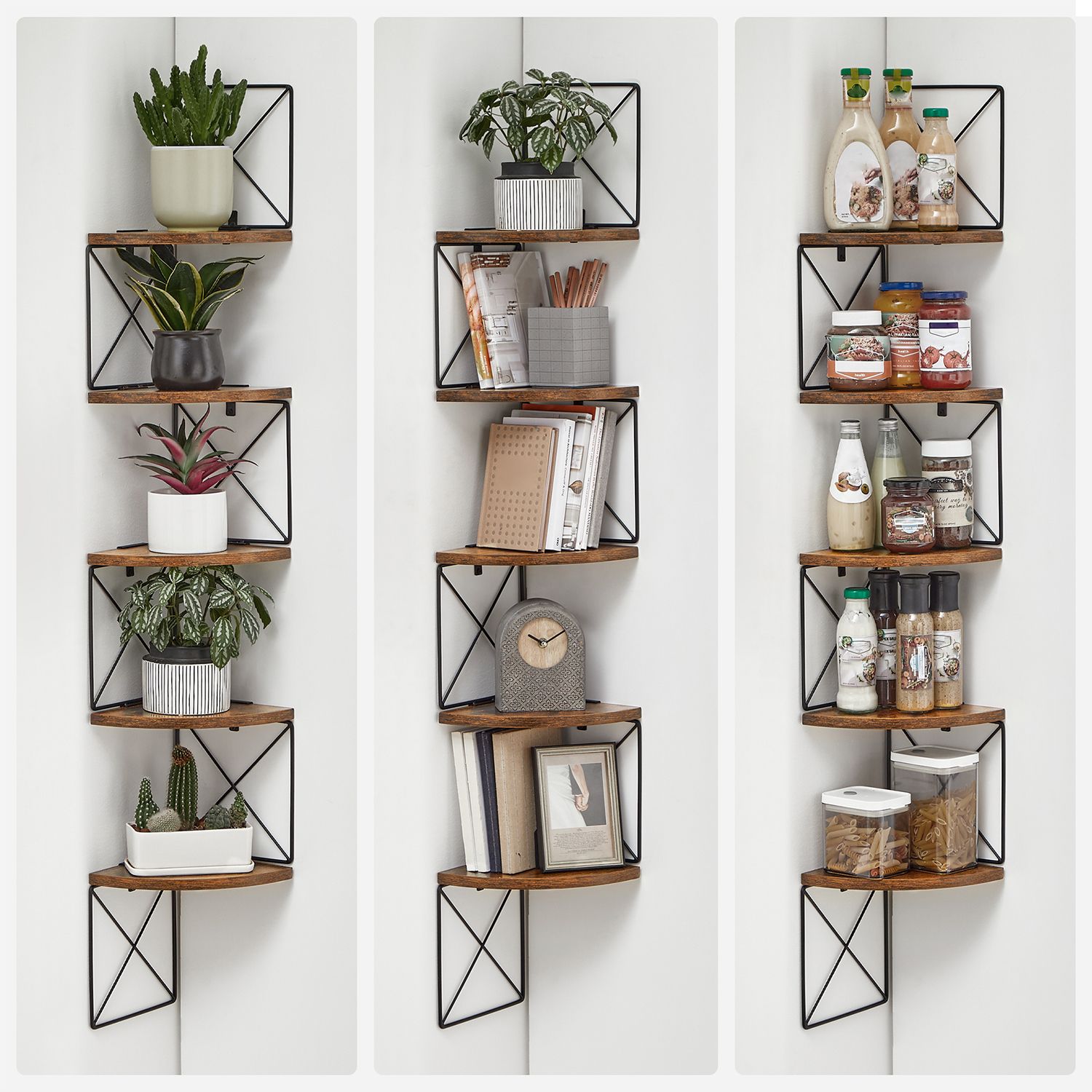 Eckregal zur Wandmontage – 5 Ebenen – Zickzack-Wandregal – 127,5 cm hoch – Rustikales Braun/Schwarz – platzsparend