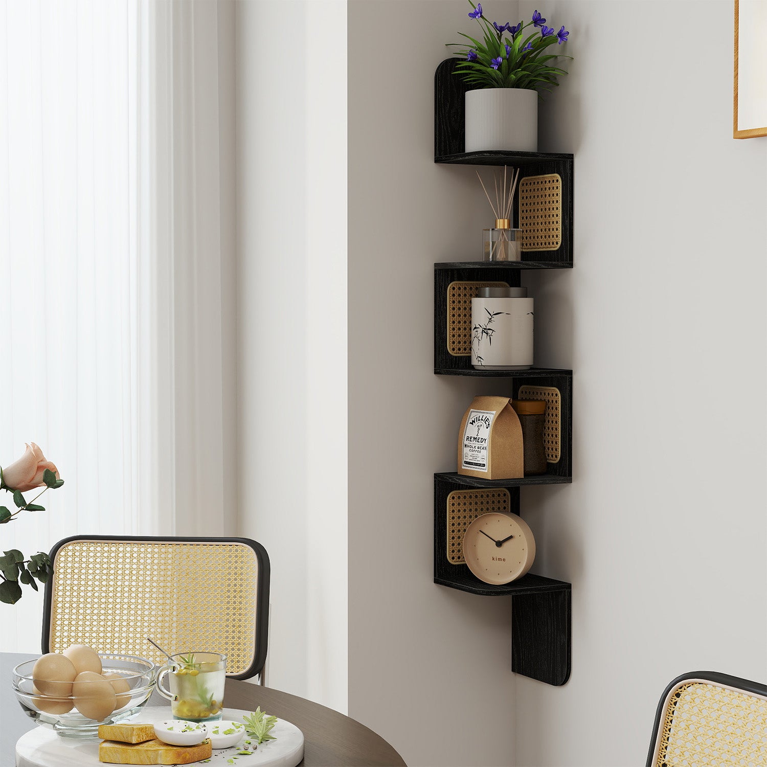 BOHO Wandregal in Rattanoptik – Schwebendes Zickzack-Wandregal – 126 cm hoch – Schwarz oder Weiß – Bis 25 kg belastbar