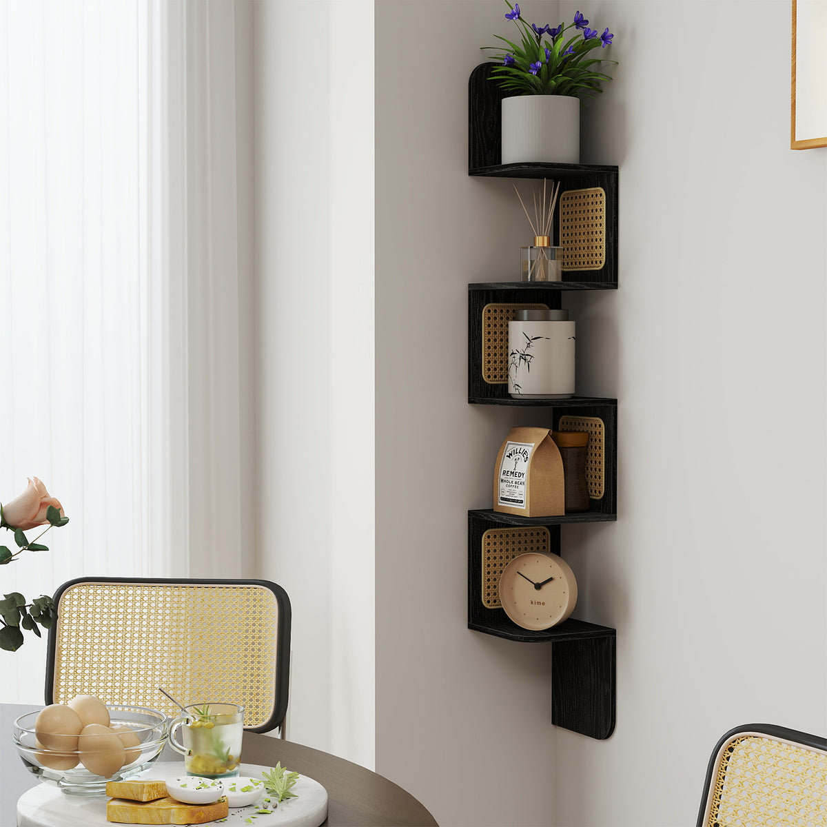 BOHO Wandregal in Rattanoptik – Schwebendes Zickzack-Wandregal – 126 cm hoch – Schwarz oder Weiß – Bis 25 kg belastbar