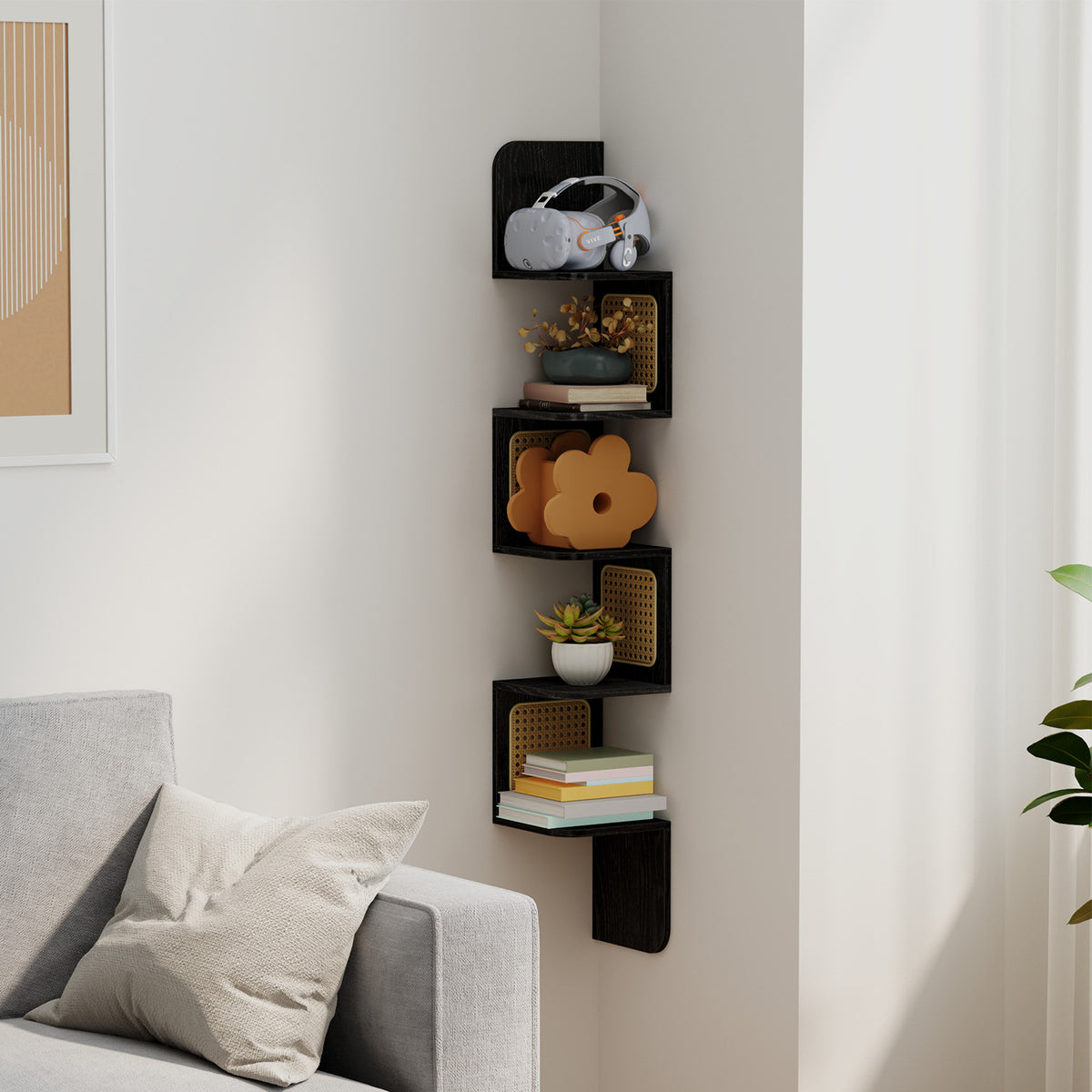 BOHO Wandregal in Rattanoptik – Schwebendes Zickzack-Wandregal – 126 cm hoch – Schwarz oder Weiß – Bis 25 kg belastbar