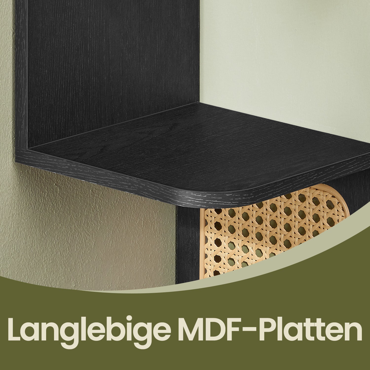 BOHO Wandregal in Rattanoptik – Schwebendes Zickzack-Wandregal – 126 cm hoch – Schwarz oder Weiß – Bis 25 kg belastbar