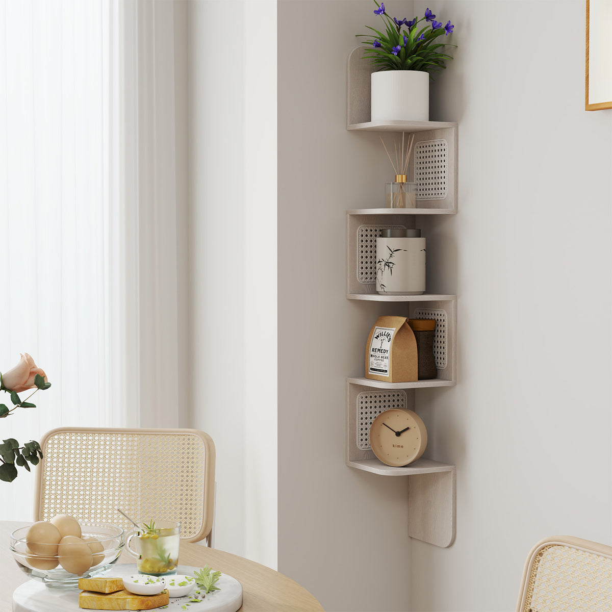 BOHO Wandregal in Rattanoptik – Schwebendes Zickzack-Wandregal – 126 cm hoch – Schwarz oder Weiß – Bis 25 kg belastbar