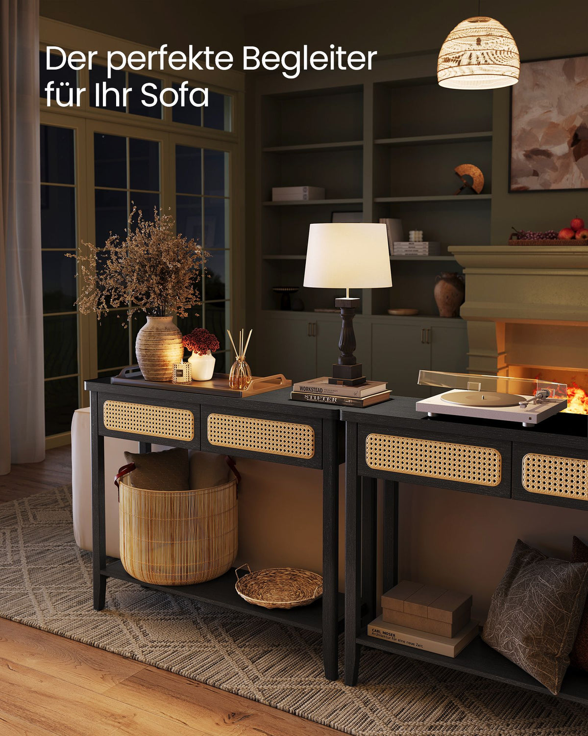 Konsolentisch mit Schubladen und Rattanfront – BOHO Wandtisch – Modernes Design – 100 cm breit