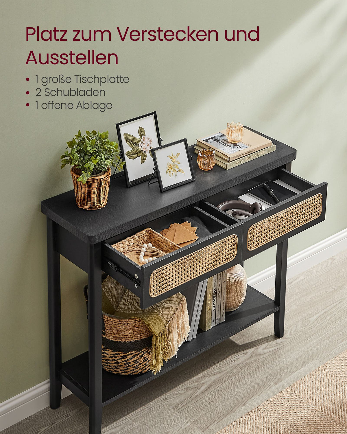 Konsolentisch mit Schubladen und Rattanfront – BOHO Wandtisch – Modernes Design – 100 cm breit