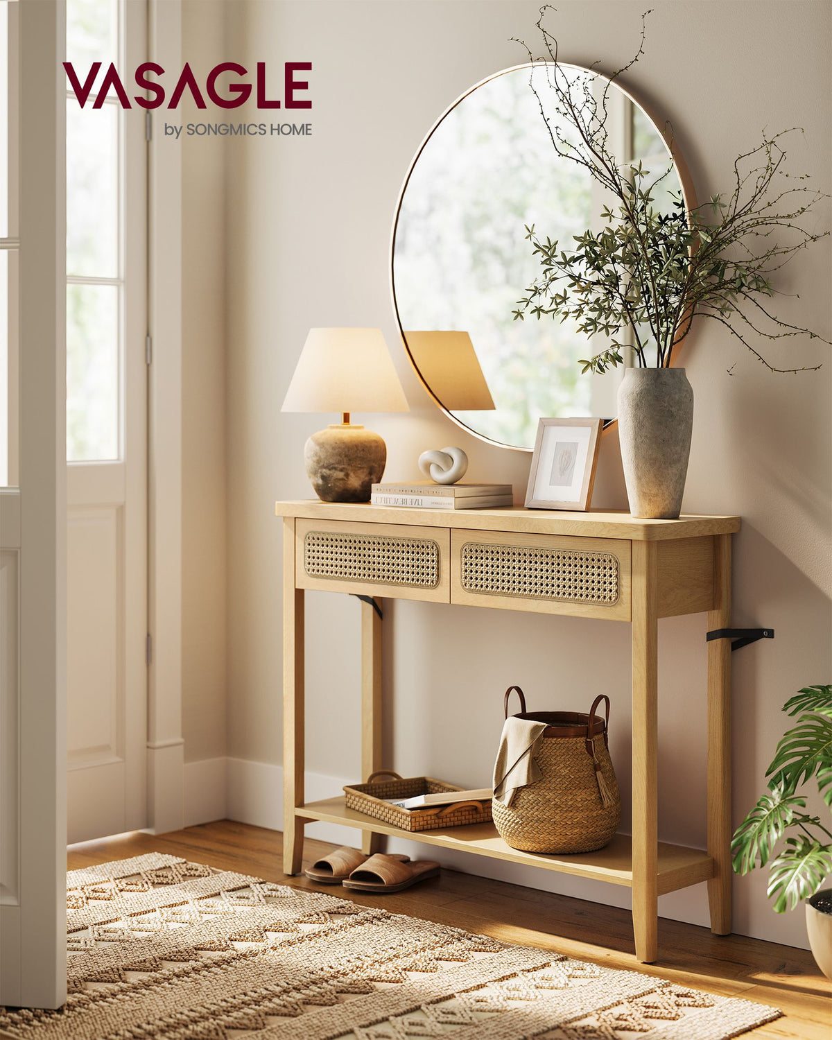 Konsolentisch mit Schubladen und Rattanfront – BOHO Wandtisch – Modernes Design – 100 cm breit