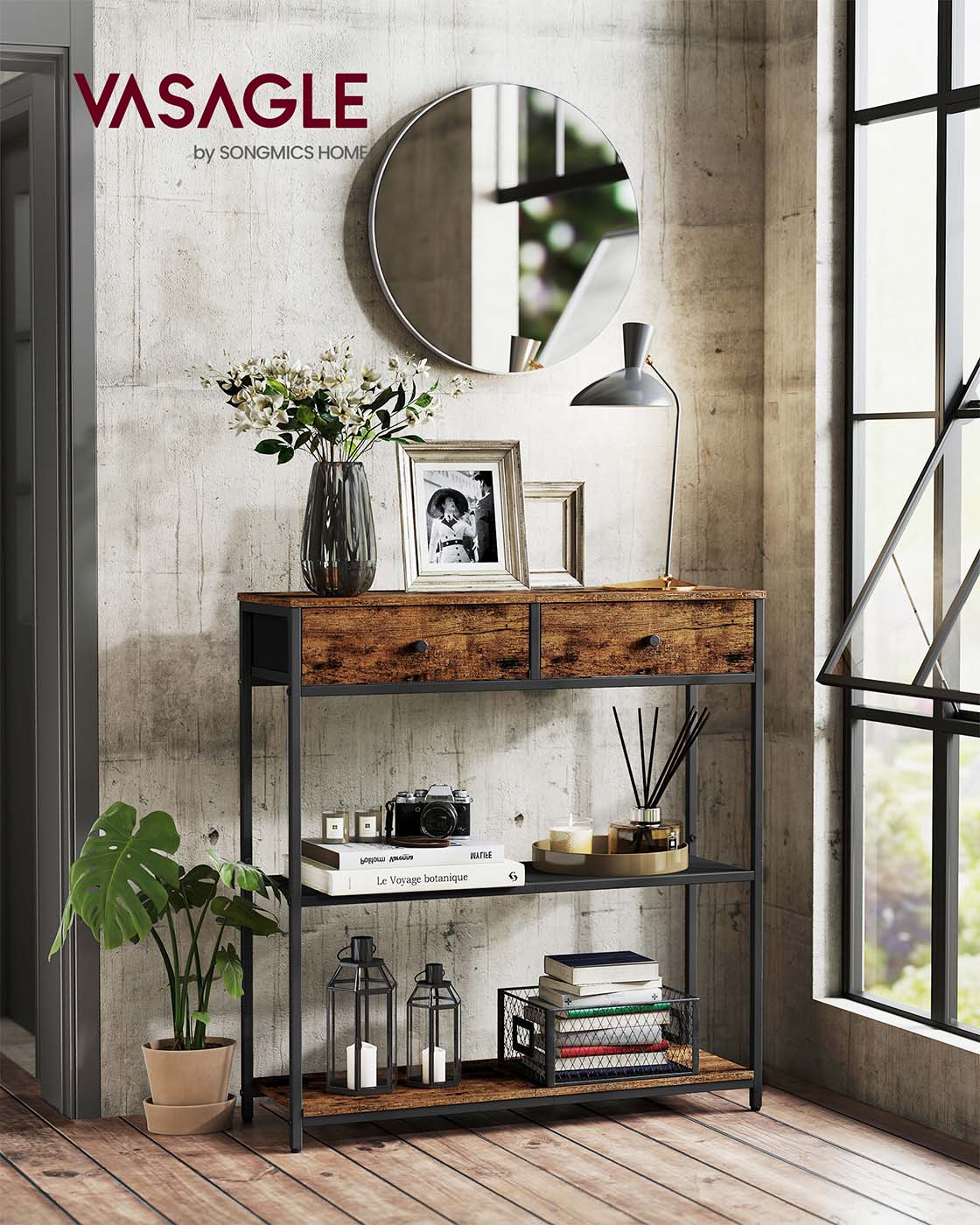 Industrielles Sideboard mit Schubladen – Schmaler Konsolentisch – Schuhregal und Staufächer