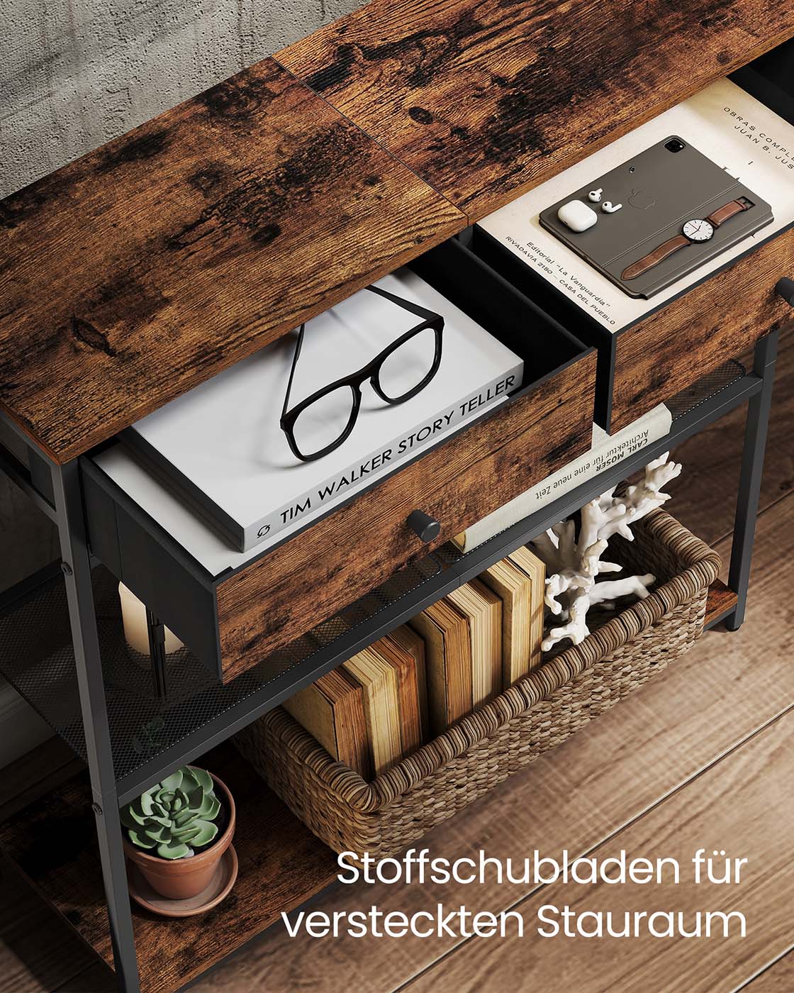 Industrielles Sideboard mit Schubladen – Schmaler Konsolentisch – Schuhregal und Staufächer