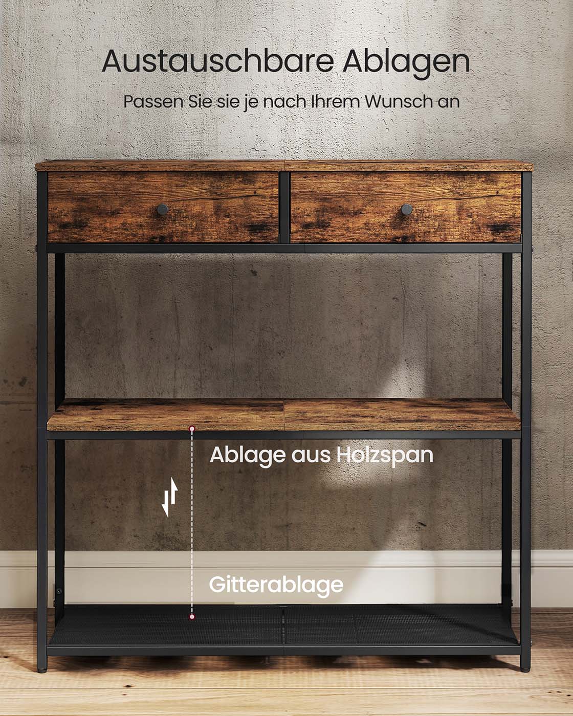 Industrielles Sideboard mit Schubladen – Schmaler Konsolentisch – Schuhregal und Staufächer