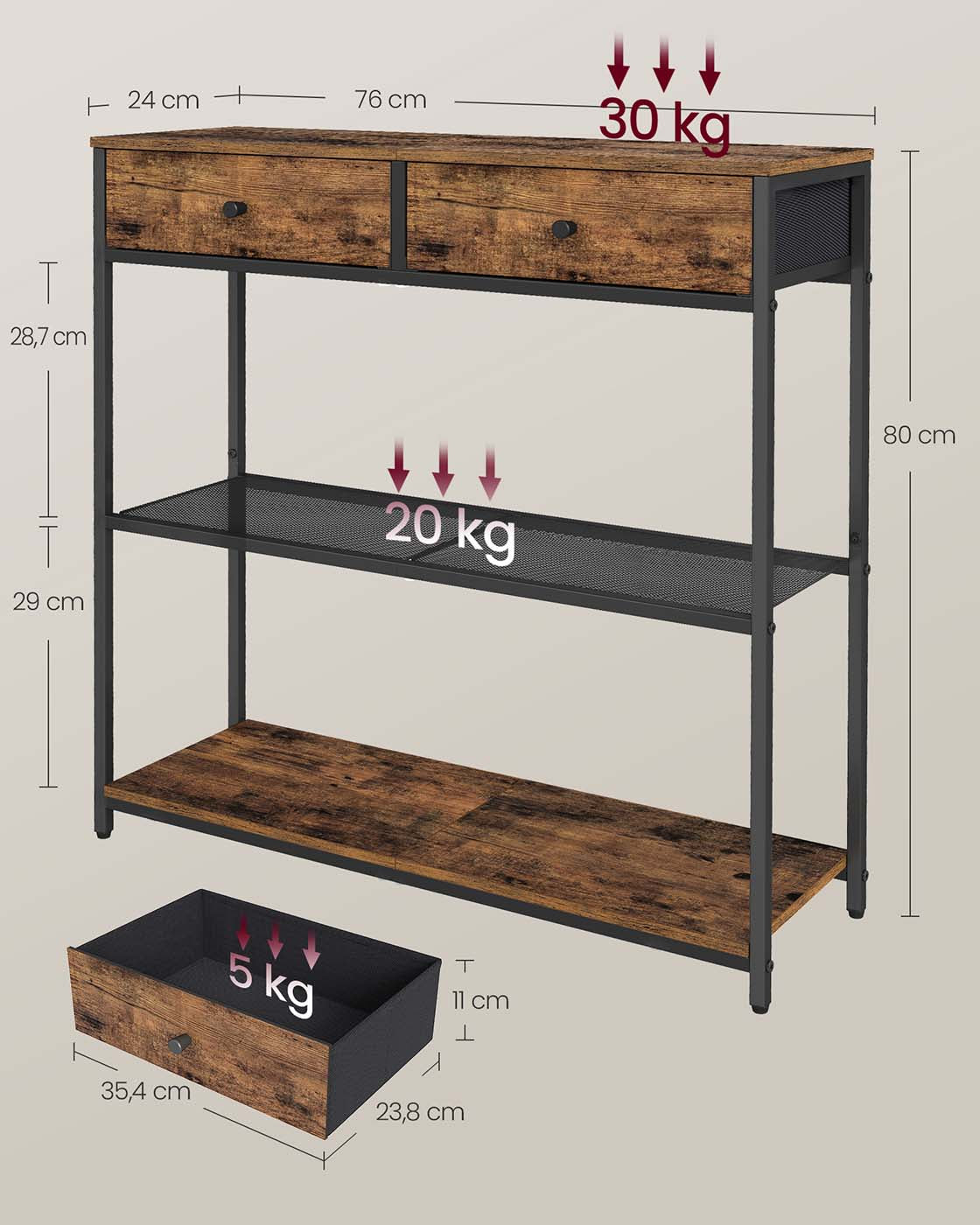 Industrielles Sideboard mit Schubladen – Schmaler Konsolentisch – Schuhregal und Staufächer