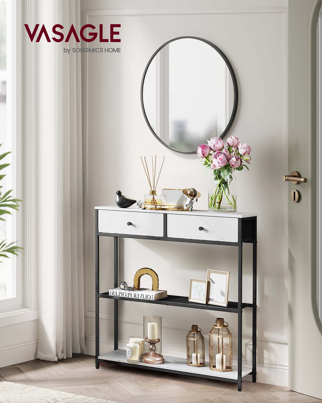 Industrielles Sideboard mit Schubladen – Schmaler Konsolentisch – Schuhregal und Staufächer