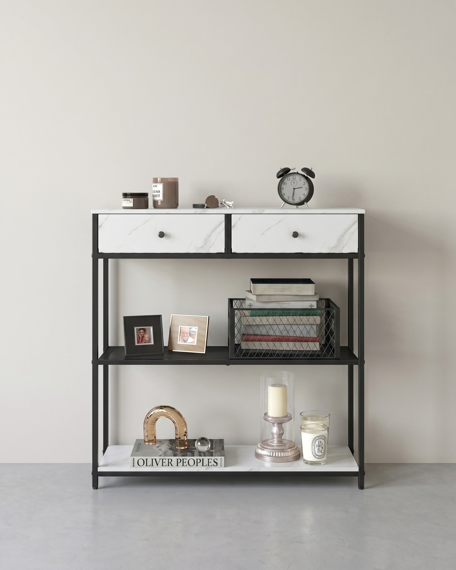 Industrielles Sideboard mit Schubladen – Schmaler Konsolentisch – Schuhregal und Staufächer – Marmorweiß