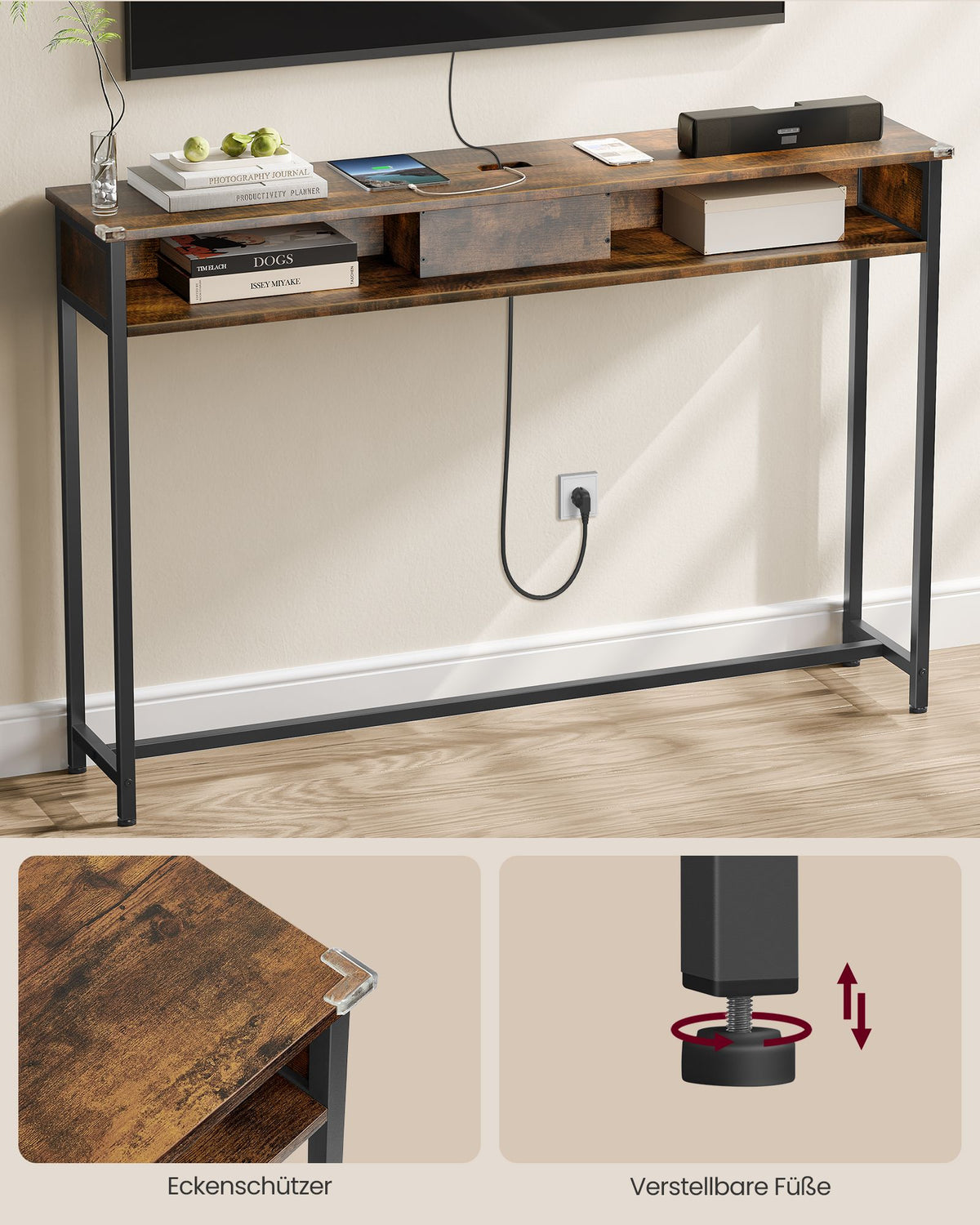 Konsolentisch mit Steckdosen und USB – Industriedesign – 120 cm breit – schick und funktional