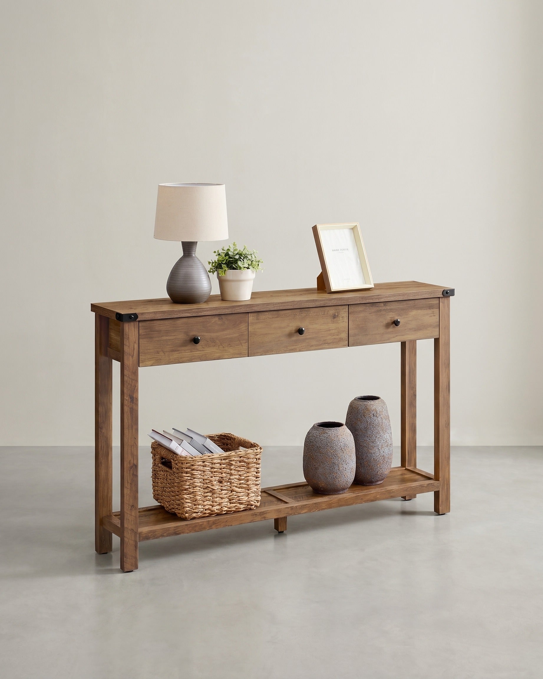 Wandtisch im Landhausstil – mit 3 Schubladen und offenem Fach – Massivholz – rustikaler Stil – Honigbraun
