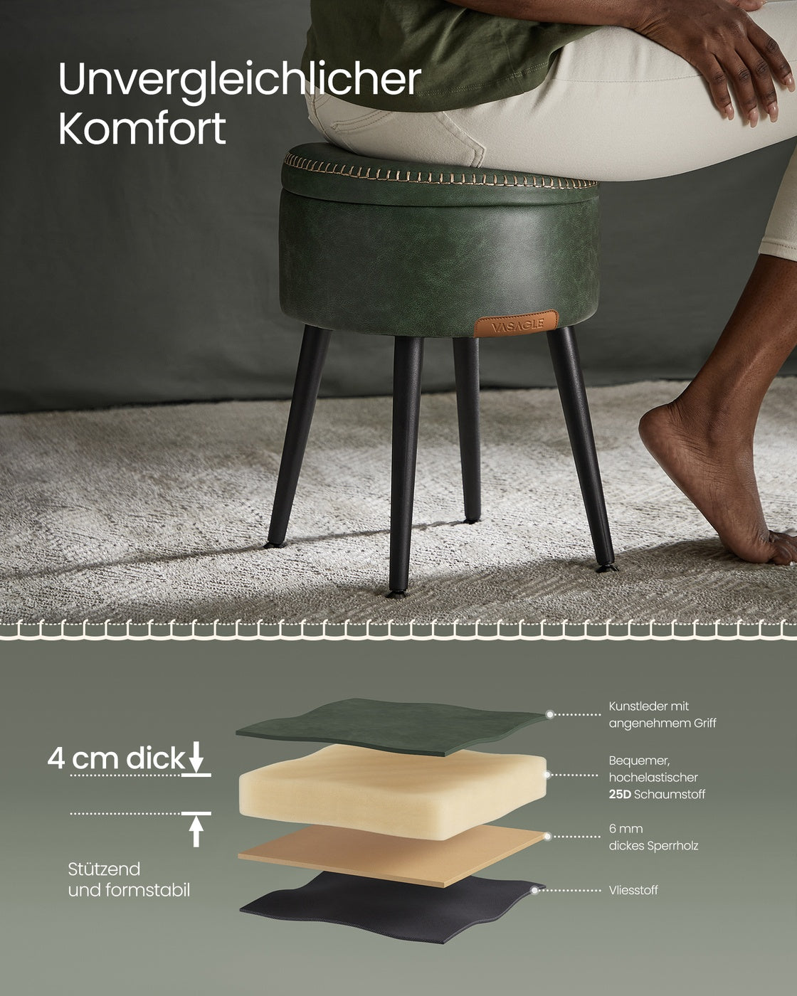 Runder Aufbewahrungshocker – Mit Deckel & Stauraum – 44 cm hoch – Bis zu 150 kg belastbar – EKHO Kollektion