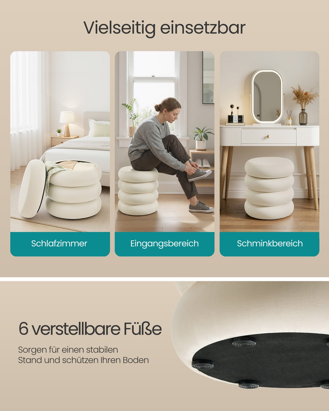 Runder Aufbewahrungshocker – Gepolstert – Multifunktional