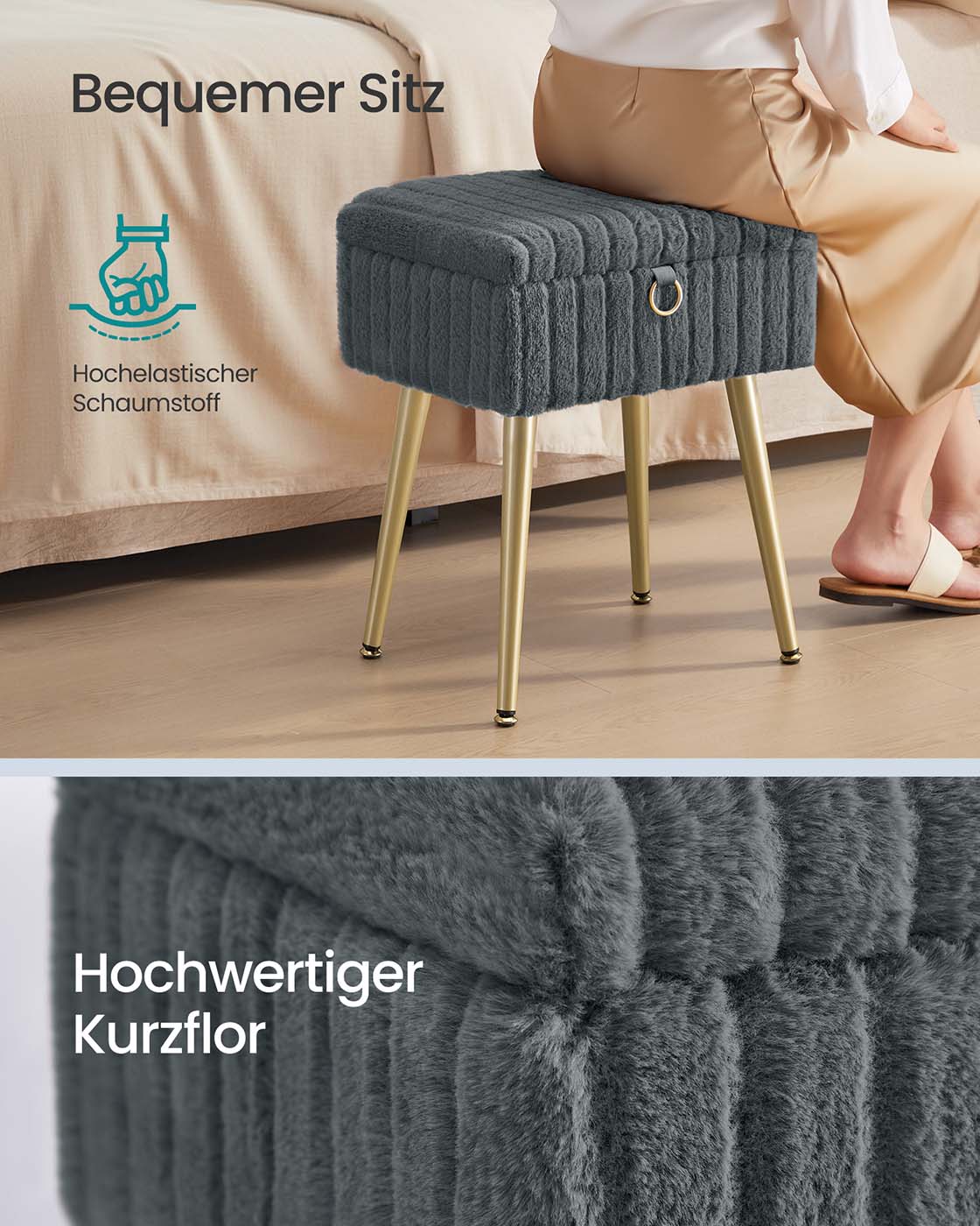 Aufbewahrungshocker – Mit weichem Samtbezug – Herausnehmbare Trennwand – Tragkraft 200 kg – Ideal für Schminktisch oder Schlafzimmer