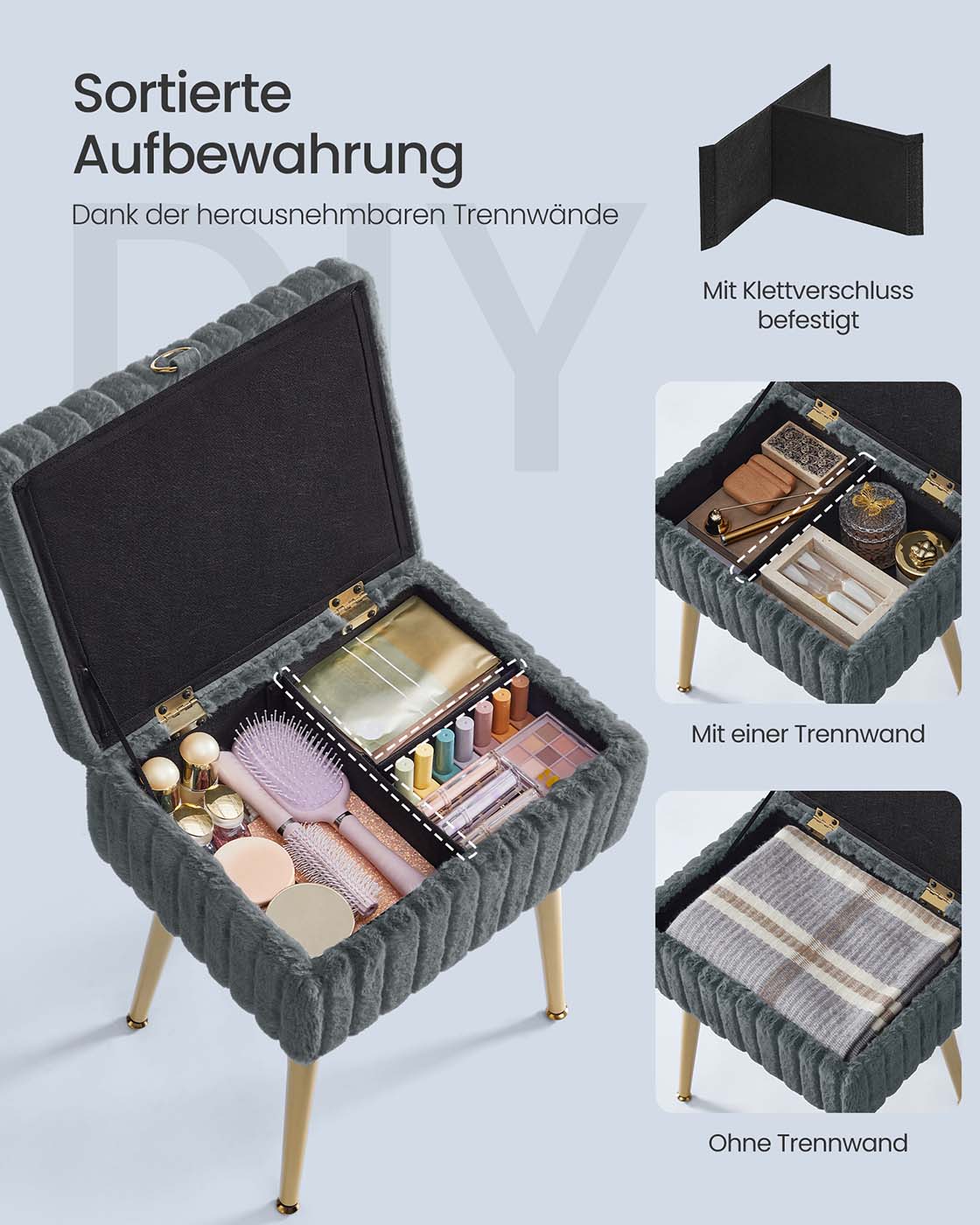 Aufbewahrungshocker – Mit weichem Samtbezug – Herausnehmbare Trennwand – Tragkraft 200 kg – Ideal für Schminktisch oder Schlafzimmer