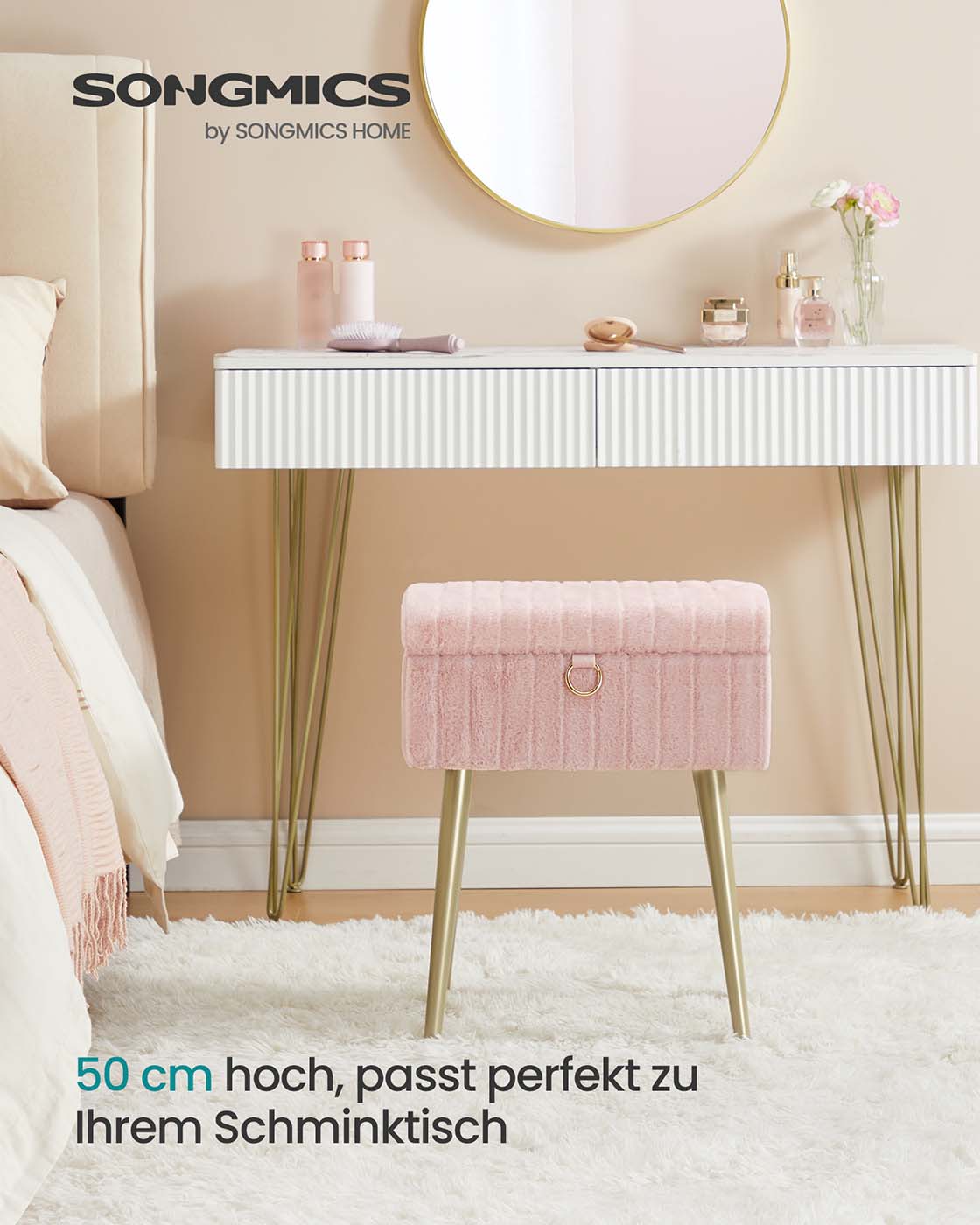 Aufbewahrungshocker – Mit weichem Samtbezug – Herausnehmbare Trennwand – Tragkraft 200 kg – Ideal für Schminktisch oder Schlafzimmer