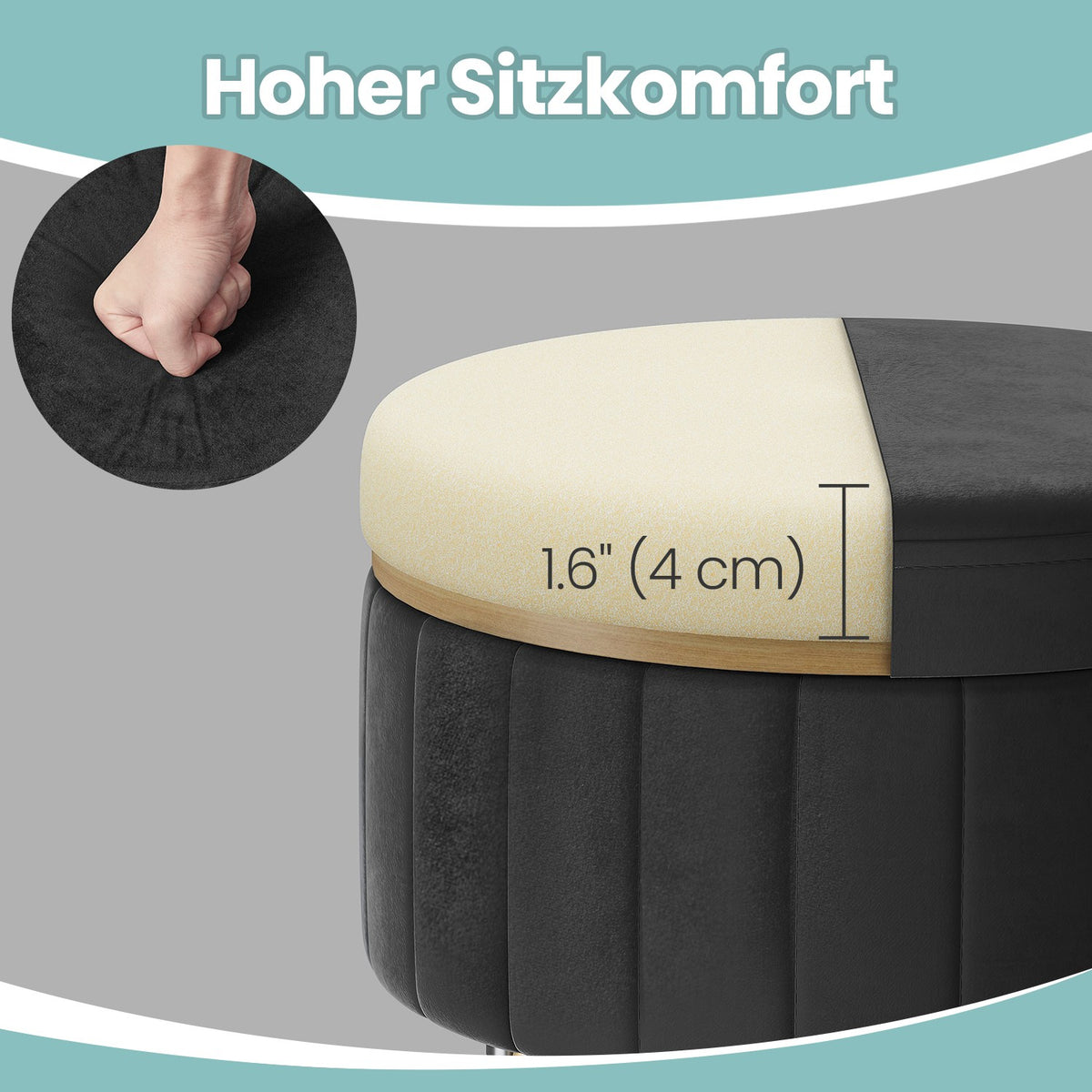 Runder Samthocker mit Stauraum – Mit Deckel als Tischplatte – Ø39 cm – Bis 136 kg belastbar
