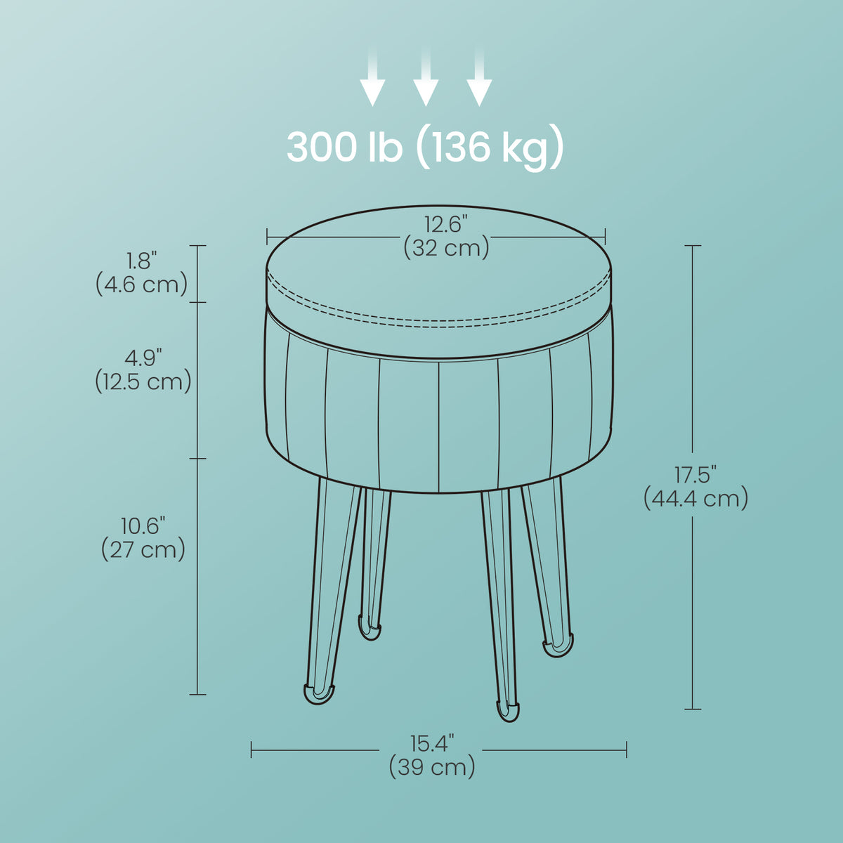 Runder Samthocker mit Stauraum – Mit Deckel als Tischplatte – Ø39 cm – Bis 136 kg belastbar