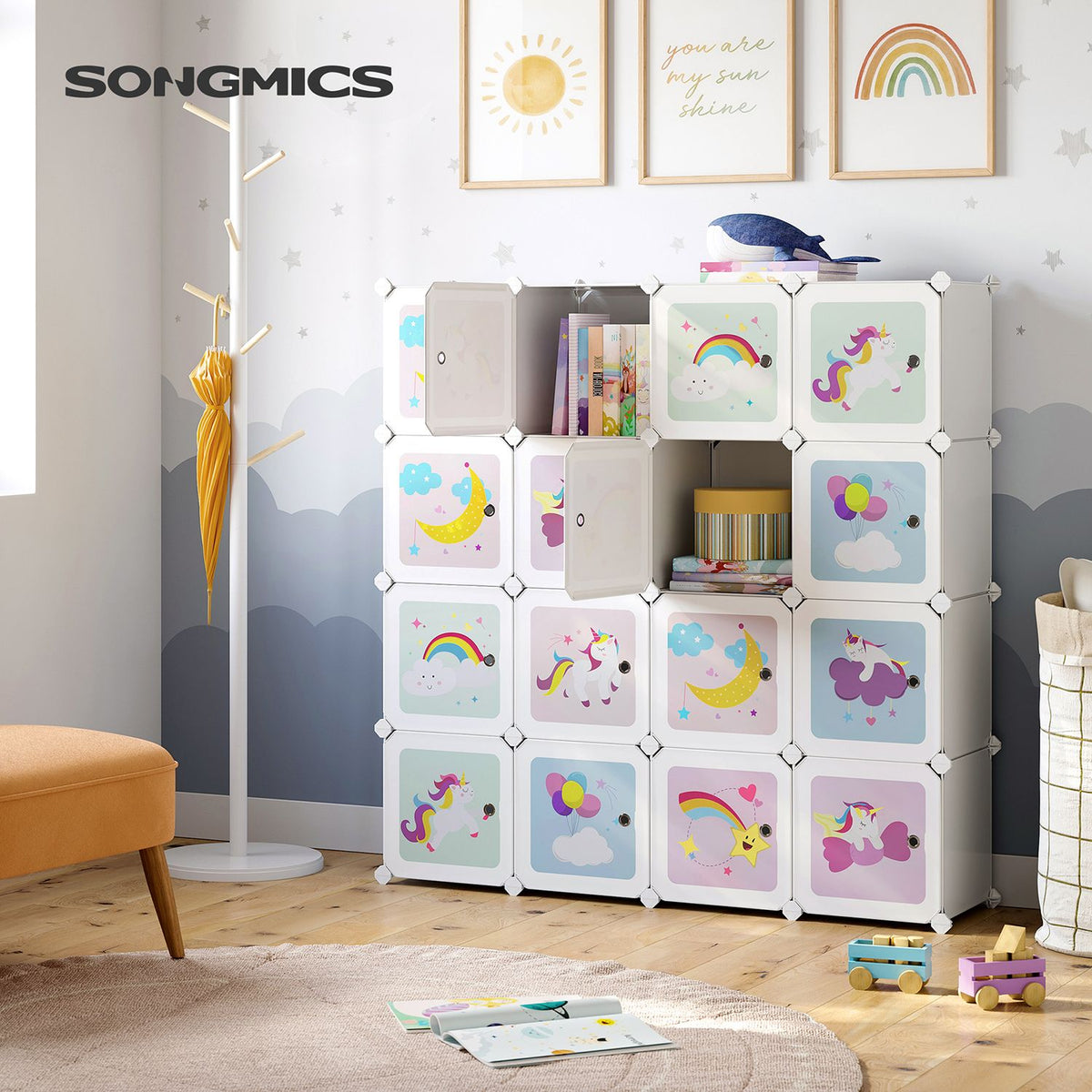 Kinder Bücherregal mit 16 Würfeln – Aufbewahrungsschrank mit Türen – 123 x 31 x 123 cm – Märchendesign