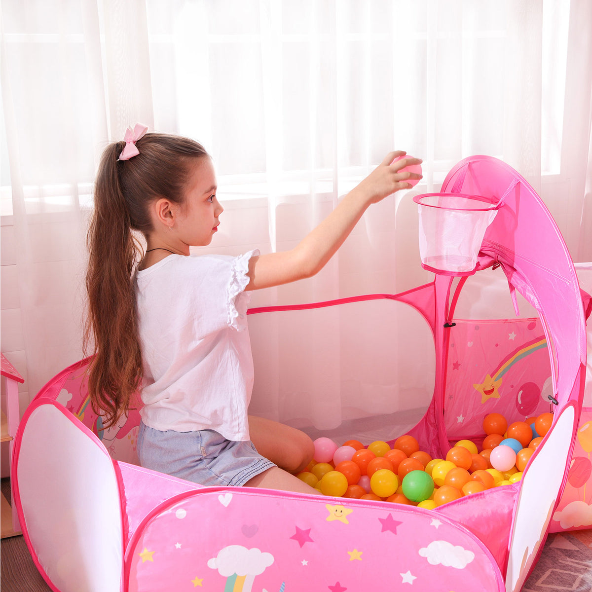 3-in-1-Spielzelt für Kinder – mit Tunnel und Bällebad – Prinzessinnenschloss mit Basketballkorb – faltbar und inklusive Tragetasche