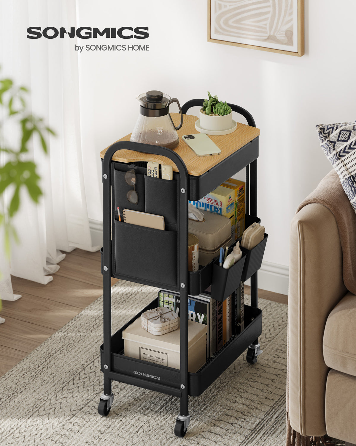 Servierwagen – 3 Drahtablagen – 2 abnehmbare Hängekörbe – Stahl – 30,6 x 44,3 x 74,2 cm – 3,8 kg – Tragkraft 30 kg