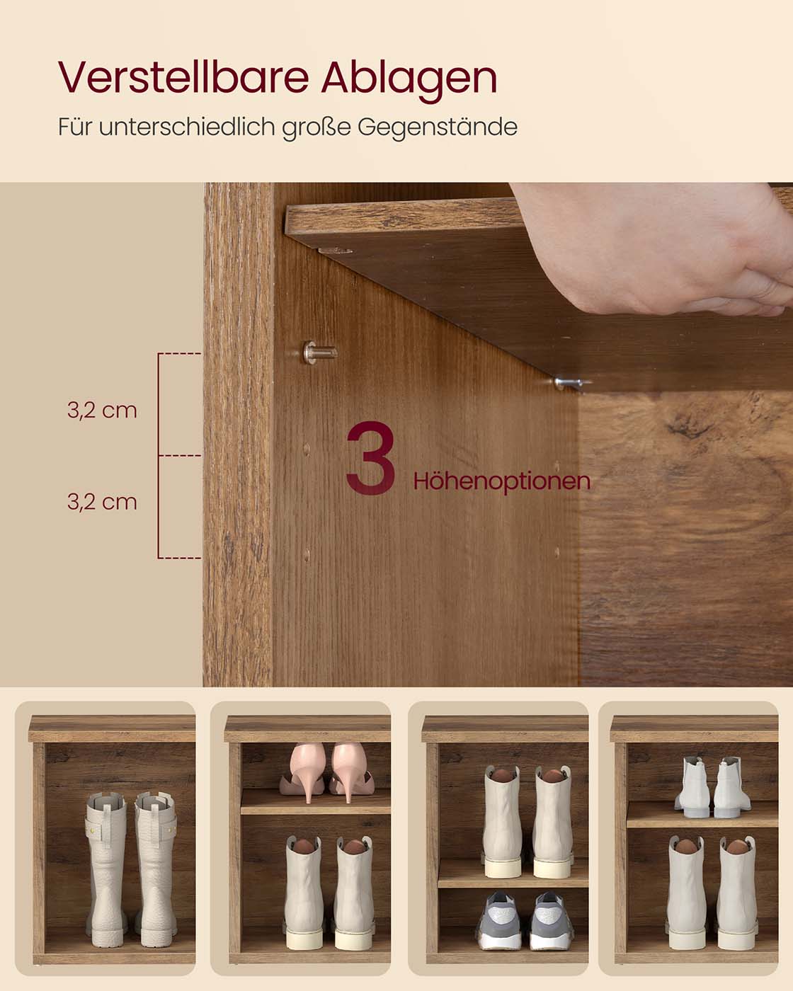 Schuhbank mit 6 offenen Fächern – Landhausstil – Tragkraft bis zu 136 kg