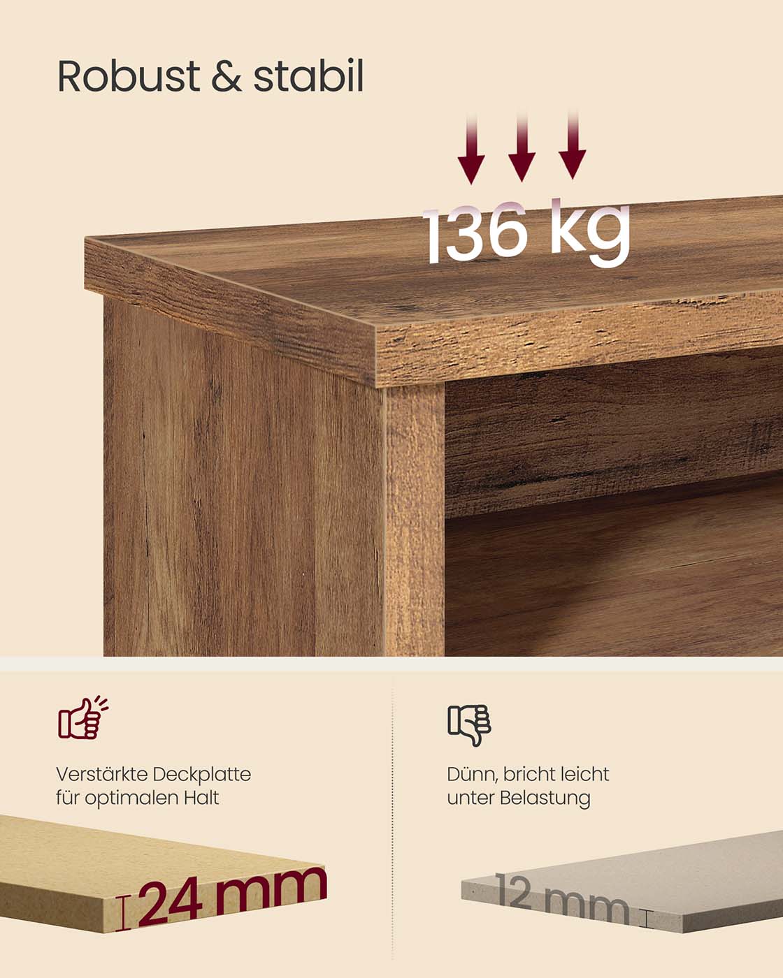 Schuhbank mit 6 offenen Fächern – Landhausstil – Tragkraft bis zu 136 kg
