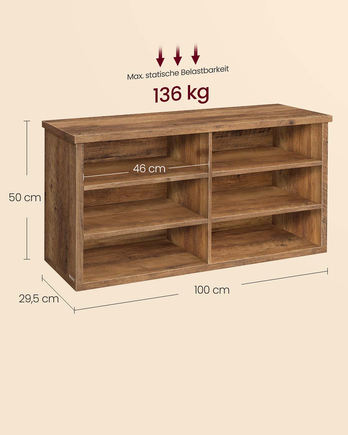 Schuhbank mit 6 offenen Fächern – Landhausstil – Tragkraft bis zu 136 kg