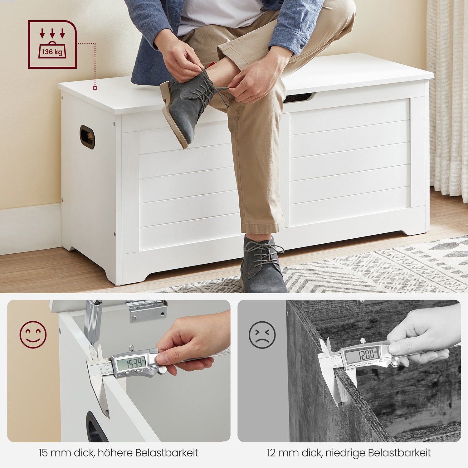 Aufbewahrungsbank mit Deckel – Schuhbank – Sitzbank mit hoher Tragkraft – Für Flur, Schlafzimmer oder Wohnzimmer
