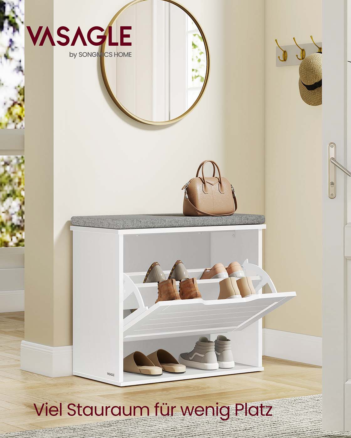 Schuhbank mit Stauraum – mit Polsterung – verstellbare Position – Landhausstil – Tragkraft 136 kg