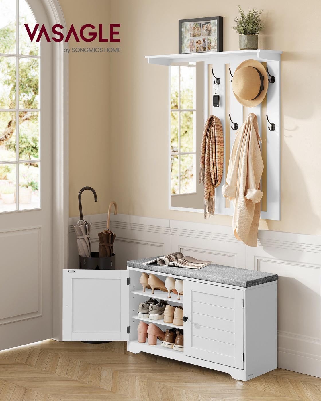 Garderobe mit Spiegel und Schuhbank – komplettes Flurmöbel-Set mit Schrank