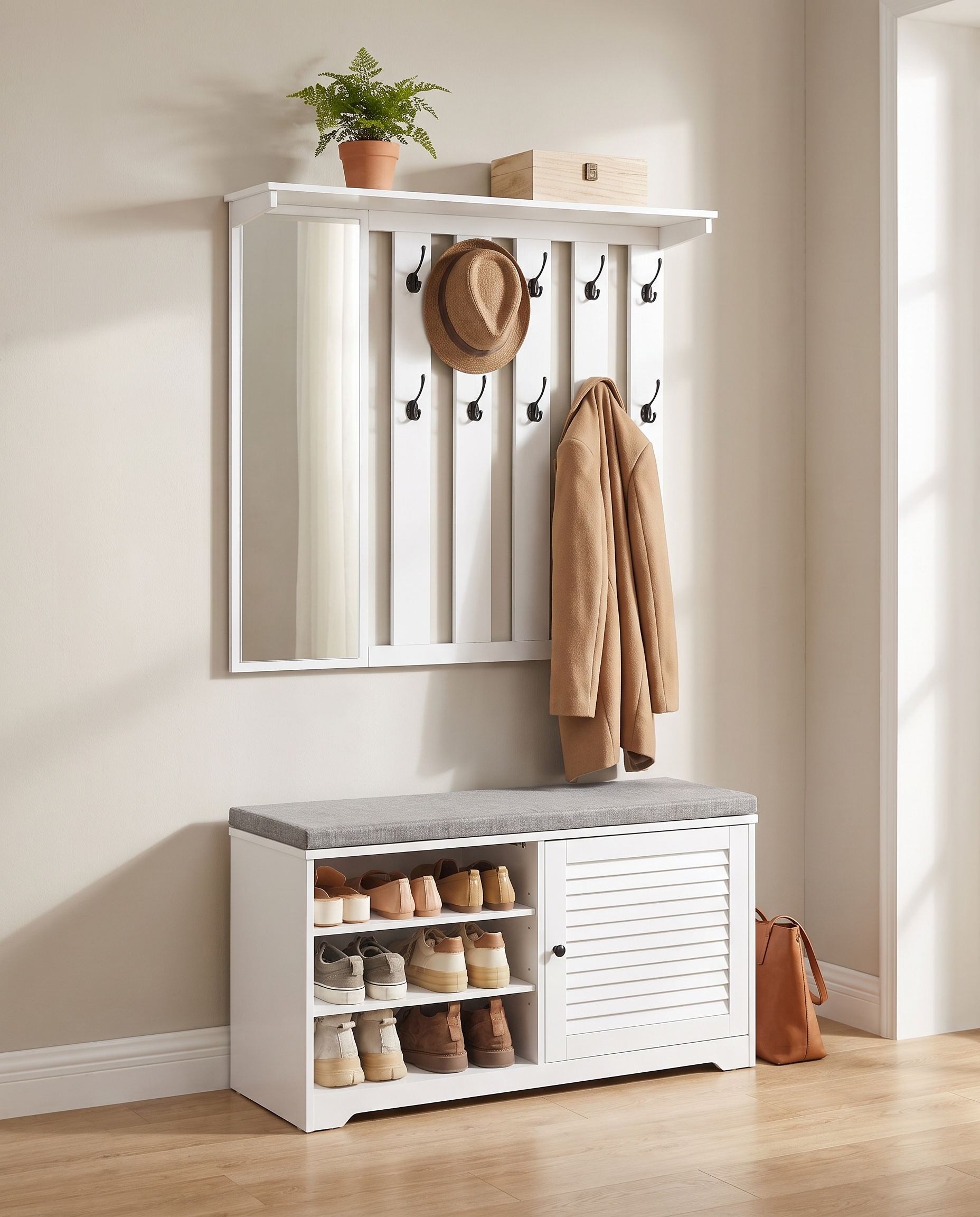 Garderobe mit Spiegel und Schuhbank – komplettes Flurmöbel-Set mit Schrank