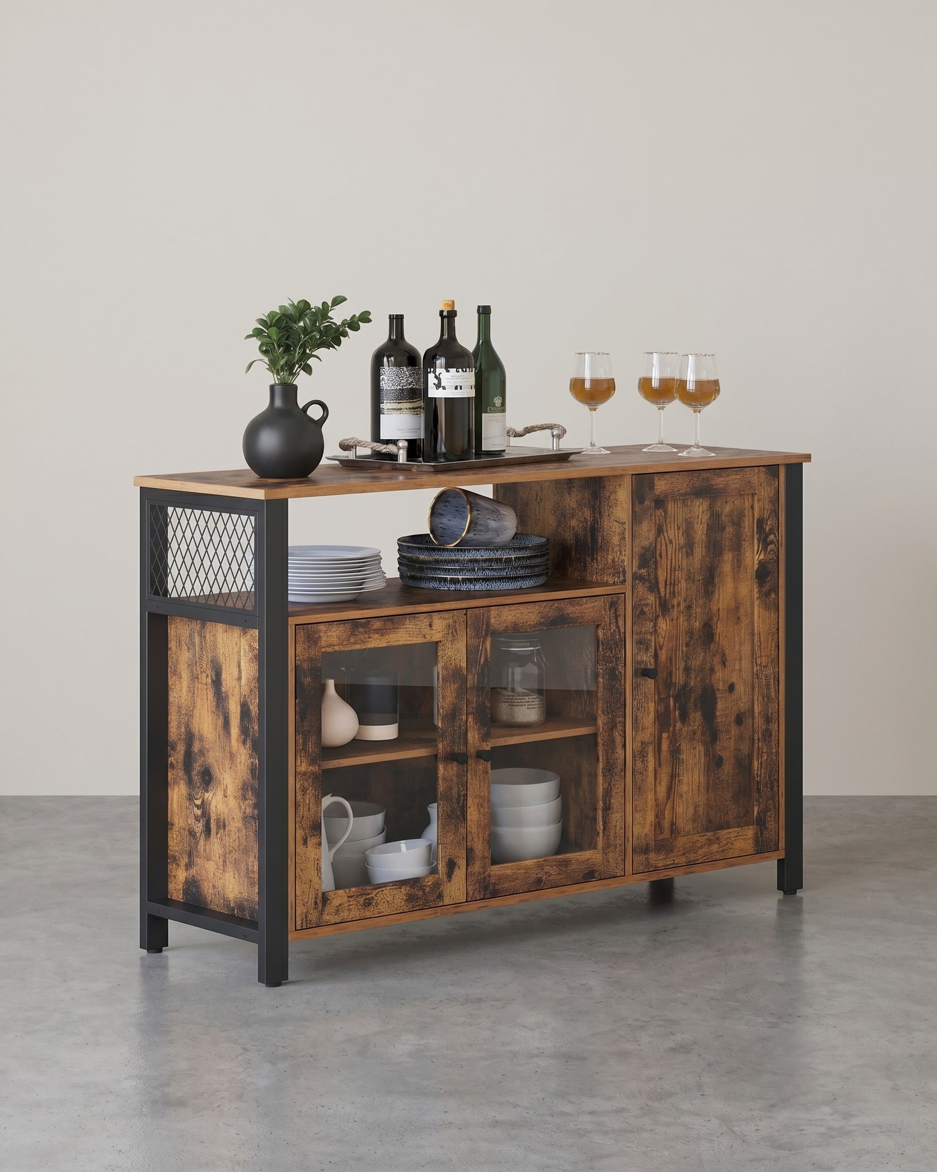 Sideboard – Küchenschrank mit 3 Türen – Aufbewahrungsschrank für Wohnzimmer, Esszimmer oder Küche – Landhausstil – 110 cm breit – Braun