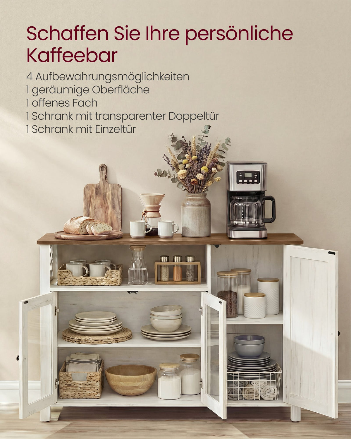 Sideboard – Küchenschrank mit 3 Türen – Aufbewahrungsschrank für Wohnzimmer, Esszimmer oder Küche – Landhausstil – 110 cm breit