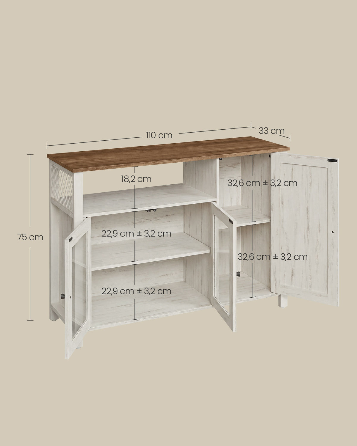 Sideboard – Küchenschrank mit 3 Türen – Aufbewahrungsschrank für Wohnzimmer, Esszimmer oder Küche – Landhausstil – 110 cm breit