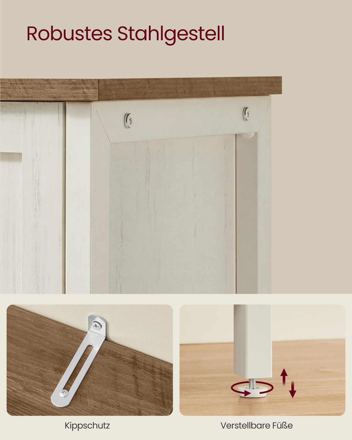 Sideboard – Küchenschrank mit 3 Türen – Aufbewahrungsschrank für Wohnzimmer, Esszimmer oder Küche – Landhausstil – 110 cm breit