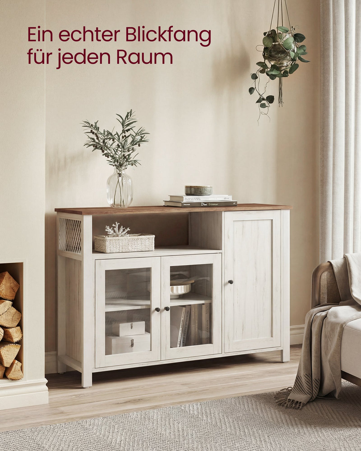 Sideboard – Küchenschrank mit 3 Türen – Aufbewahrungsschrank für Wohnzimmer, Esszimmer oder Küche – Landhausstil – 110 cm breit