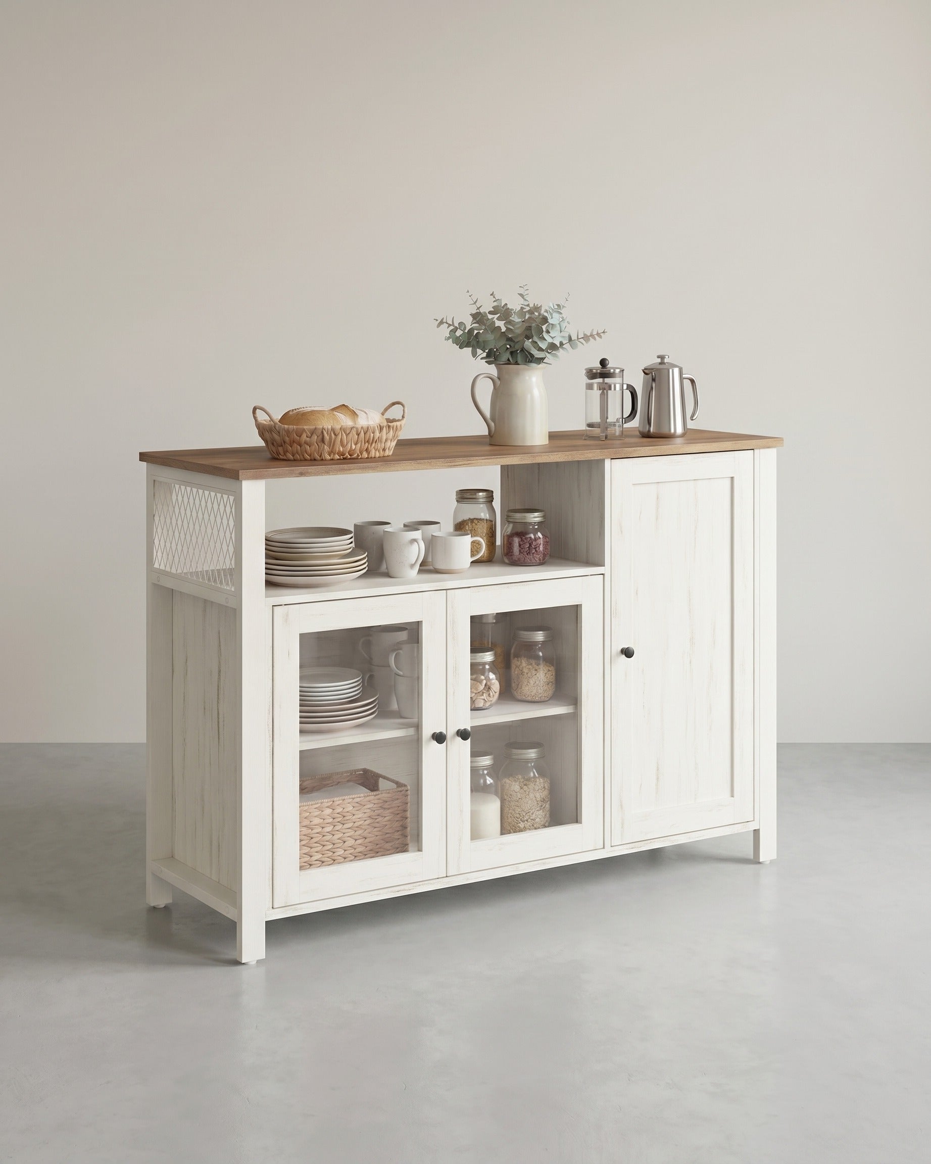 Sideboard – Küchenschrank mit 3 Türen – Aufbewahrungsschrank für Wohnzimmer, Esszimmer oder Küche – Landhausstil – 110 cm breit – Weiß