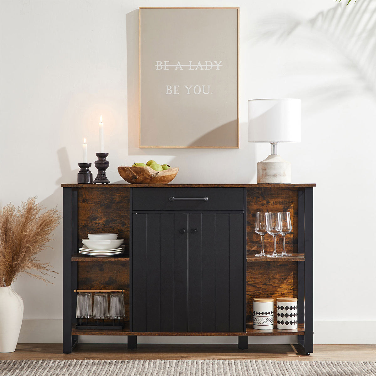 Industrieller Lagerschrank – Sideboard mit Schubladen und Türen – 120 cm breit – Metall- und Holzoptik